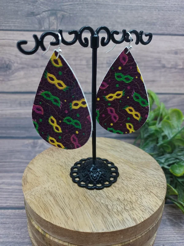 Black Leather Style Earrings w/ Yellow, Green, & Purple Masks