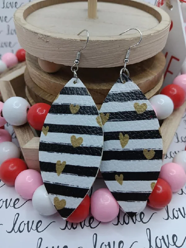 Black & White Striped w/ Gold Heart Leather Style Earrings