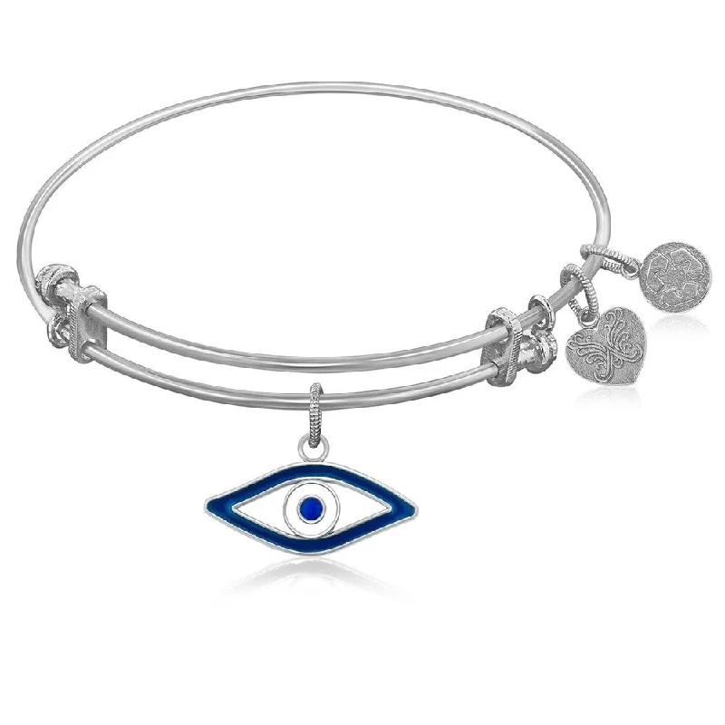 Expandable Bangle in White Tone Brass with Evil Eye Symbol