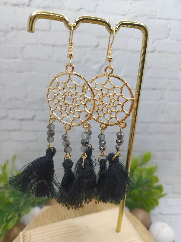 Black Dreamcatcher Beaded & Tassel Earrings