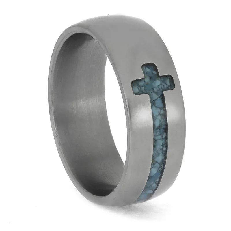 Titanium Ring with Cross Shaped Turquoise Inlay