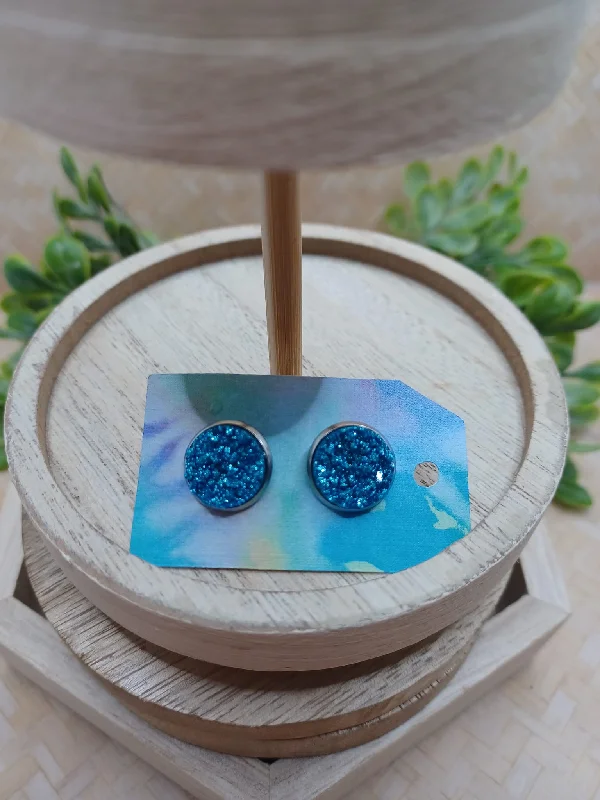 Blue Glitter Druzy Style Earrings