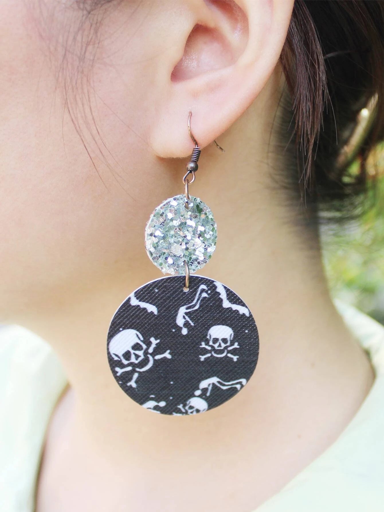 Black Skull Print Earrings w/ Silver Glitter Accents