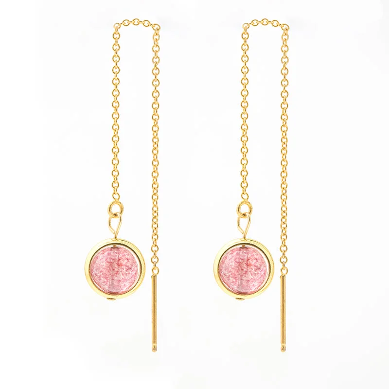 Strawberry Quartz Crystal Bead 14K Gold Gild Threader Earrings Handmade Jewelry Accessories Women