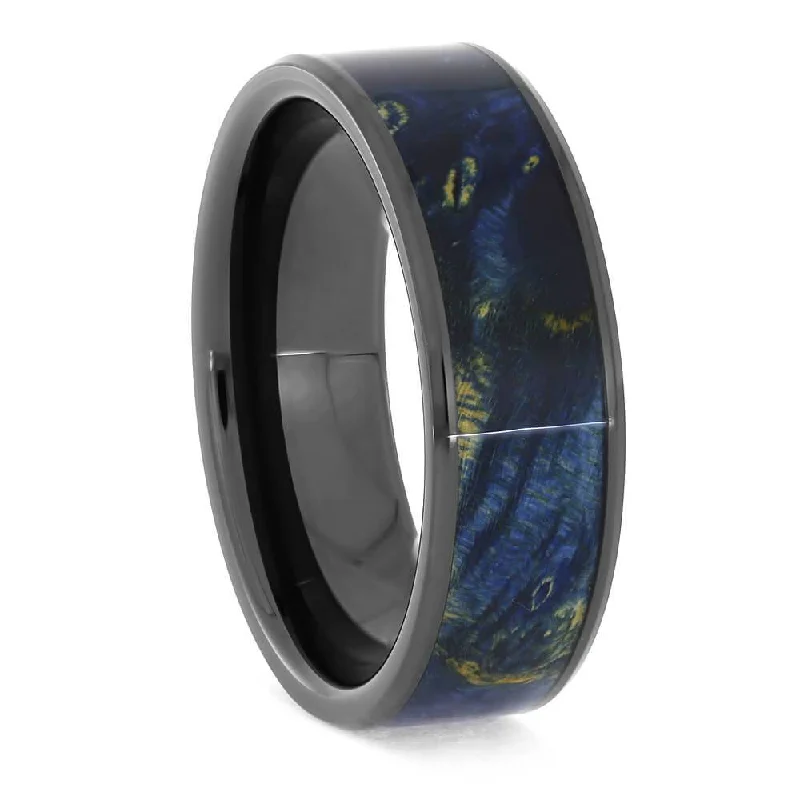 Black Ceramic Ring with Blue Box Elder Burl