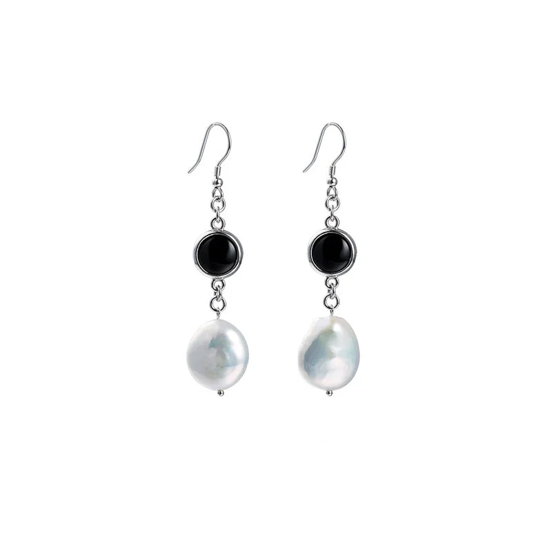 Baroque Freshwater Pearl Onyx Drop Earrings in Sterling Silver Jewelry Accessories Women