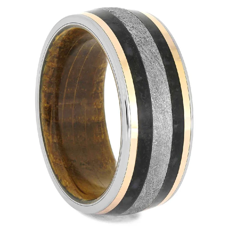 Whiskey Barrel Wedding Band with Meteorite and Dinosaur Bone