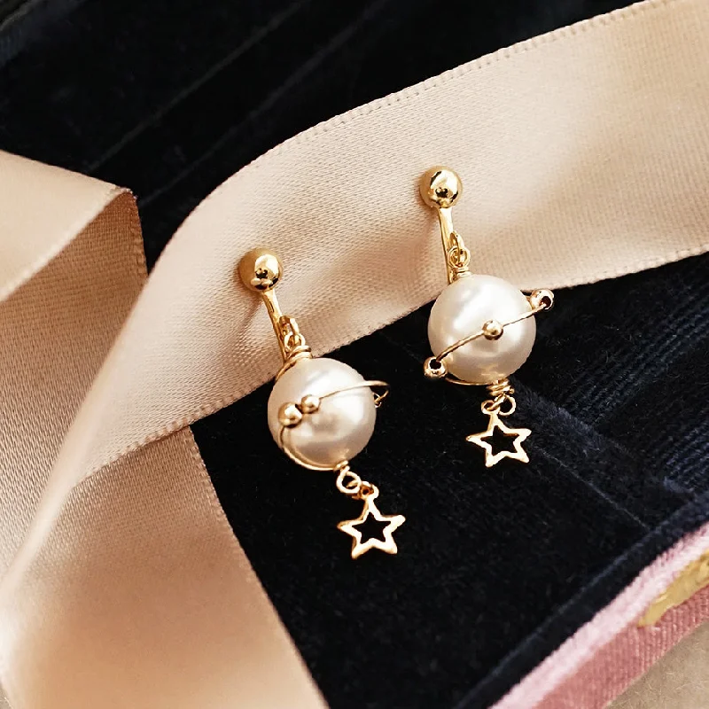 Cute Pearl Hook Clip Earrings 14K Gold Plated Unique Handmade  Jewelry For Women