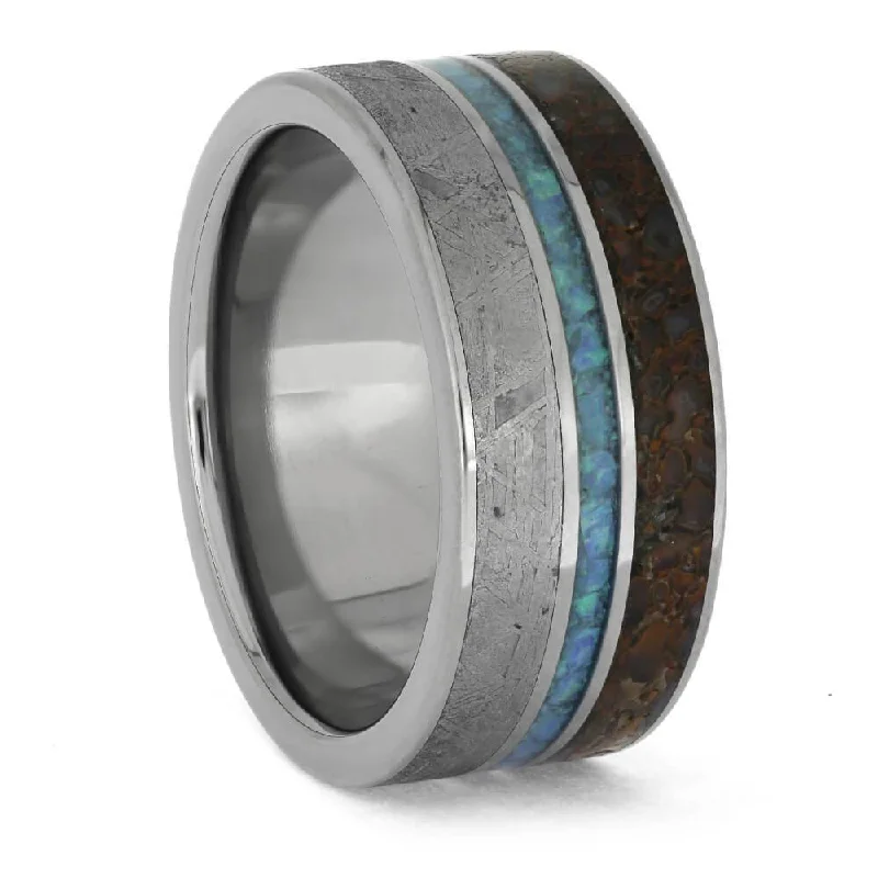 Titanium Ring with Gibeon Meteorite, Crushed Opal and Dinosaur Bone