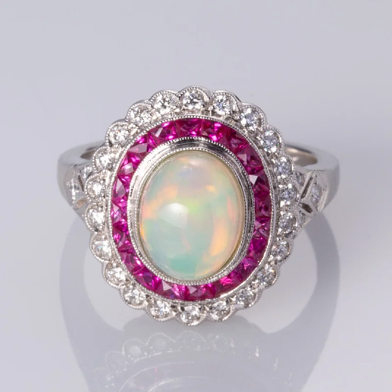 18K White Gold White Opal, Ruby and Diamond Ring | 1.80 ct, 1.0ctw, 0.34 ctw | SZ 6.5 |