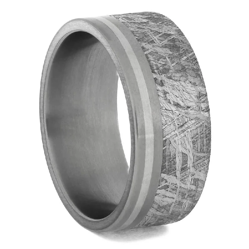 Masculine Wedding Band with Meteorite and Platinum Pinstripe