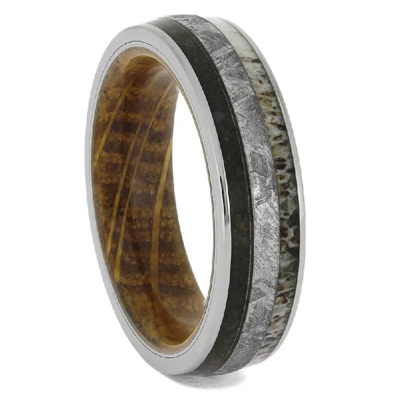 Whiskey Barrel Ring with Meteorite & Dinosaur Bone