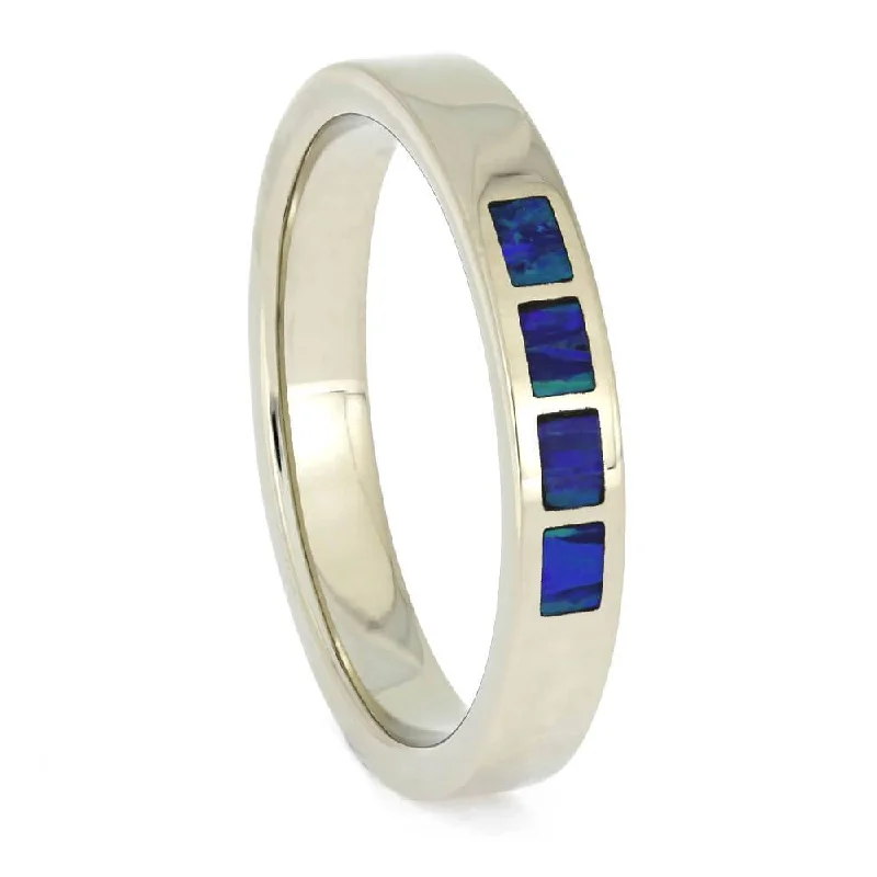 Blue Opal Men's Wedding Band in White Gold