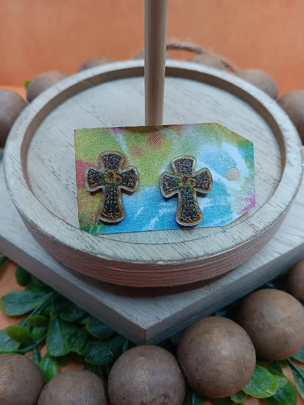 Leopard & Sunflower Wooden Cross Earrings