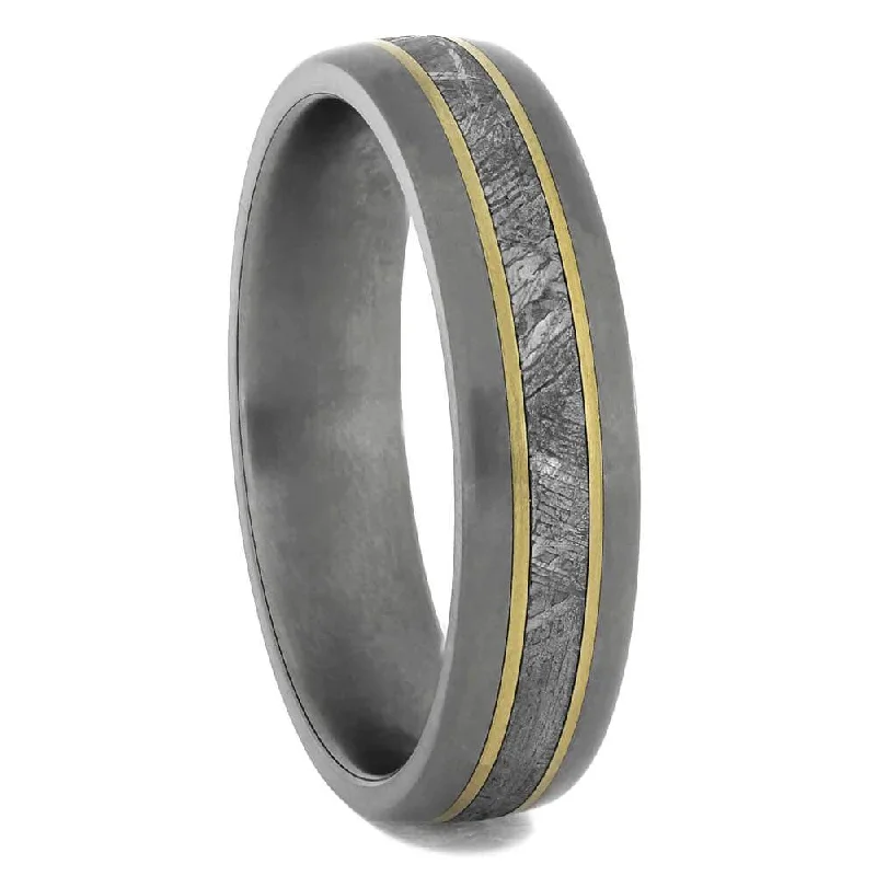 Men's Meteorite Ring with Yellow Gold Pinstripes