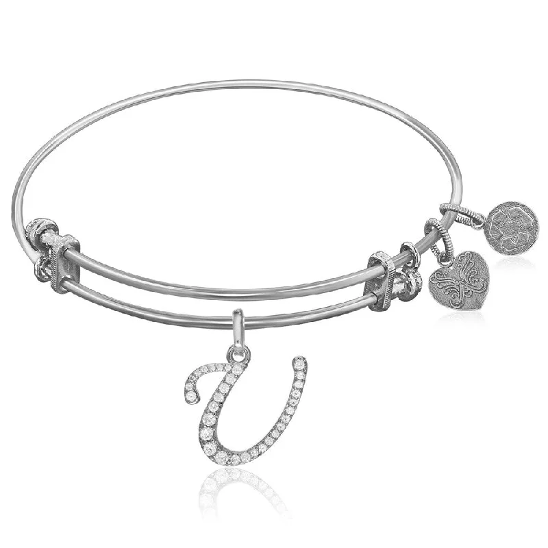 Expandable White Tone Brass Bangle with U Symbol with Cubic Zirconia