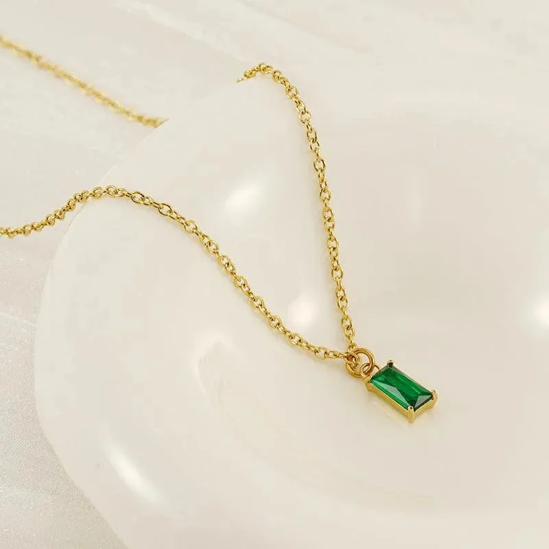 Emerald Green Zircon Pendant Necklace – 14K Gold Plated with Adjustable Chain