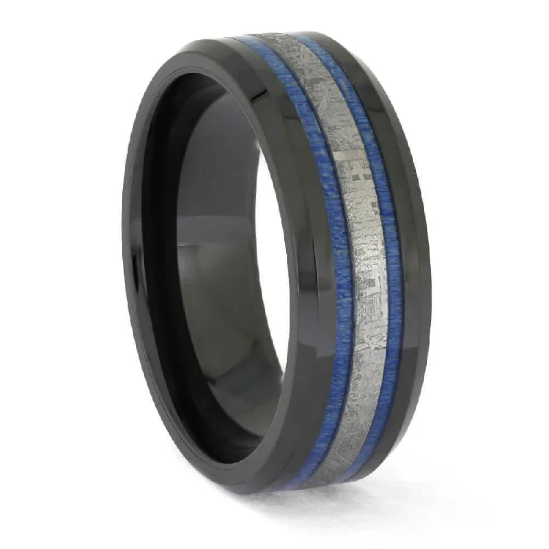 Ceramic Wedding Band With Blue Box Elder Burl & Meteorite