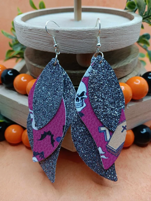 Triple Layered Purple Glitter w/ Coffin & Bat Design Leather Style Earrings