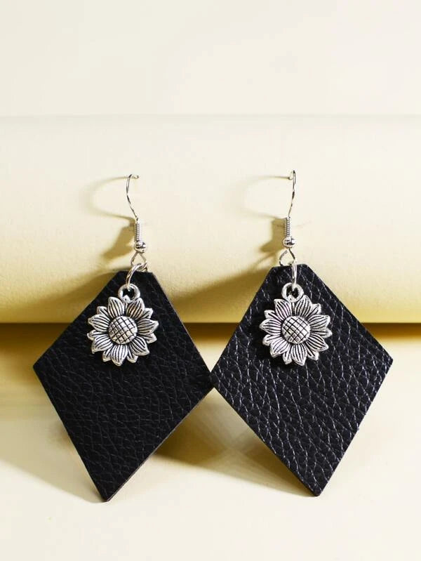 Black Diamond Shaped Leather Style Earrings w/ Sunflower Charm