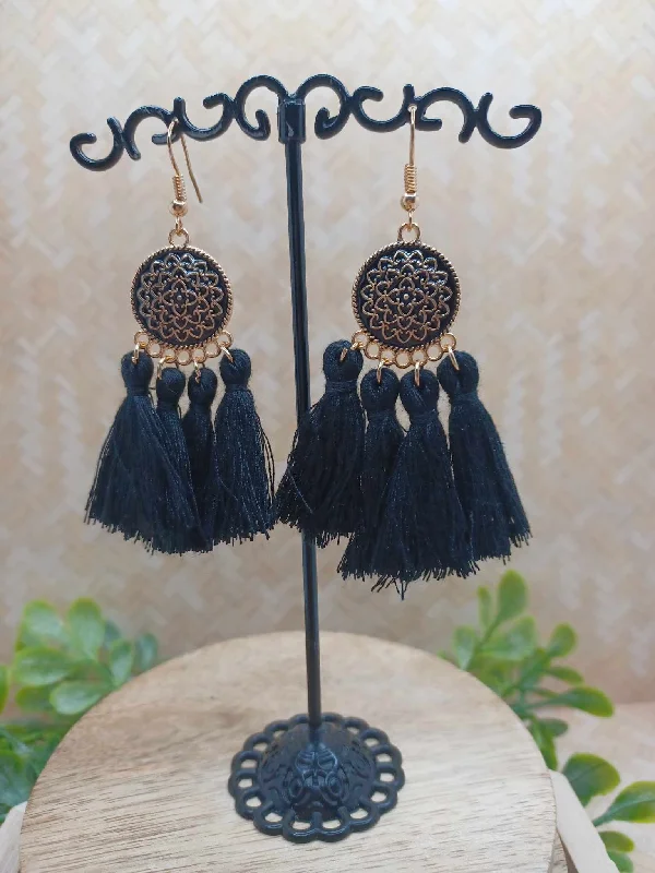 Black Design Earrings w/ Tassel & Gold Detailing