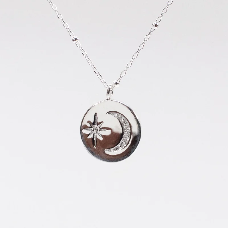 Silver Disc Moon & Star Necklace