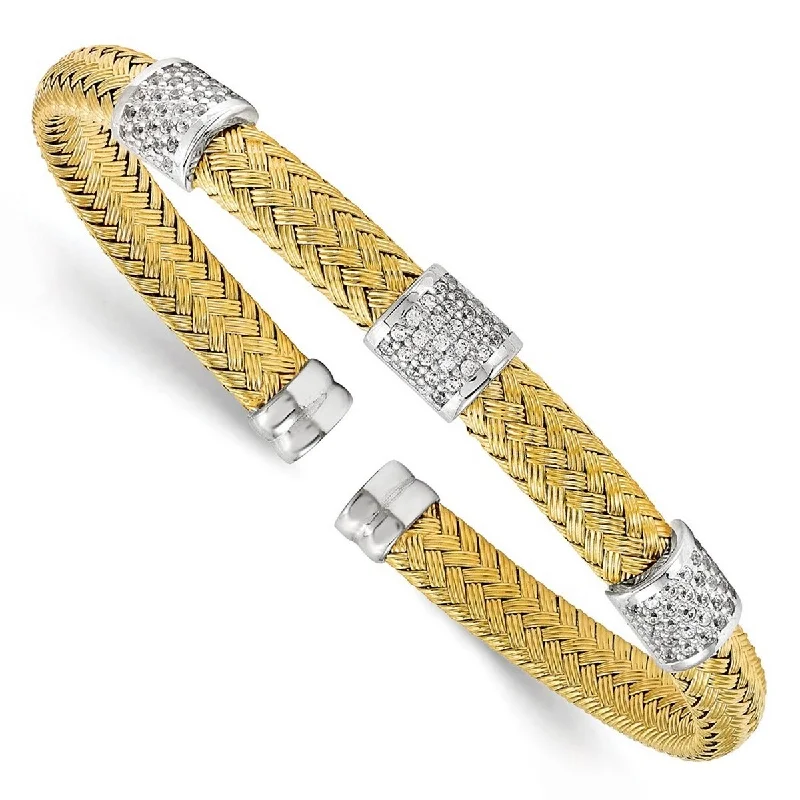 Curata 925 Sterling Silver Polished Yellow Rhodium CZ Cubic Zirconia Simulated Diamond Woven Flexible Cuff Stackable Bangle