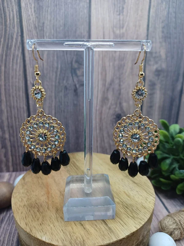 Black Chandelier Beaded Earrings w/ Rhinestones