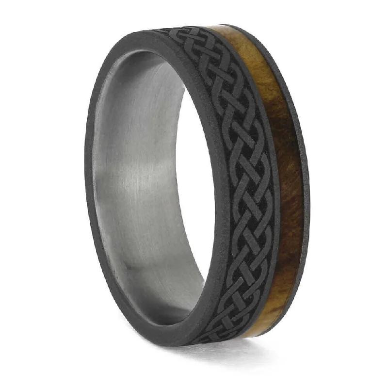 Celtic Knot Engraved Ring with Sandblasted Titanium and Olive Wood