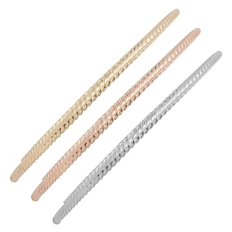 Fremada 10k Yellow White or Rose Gold 2mm Twist Design Slip-on Bangle