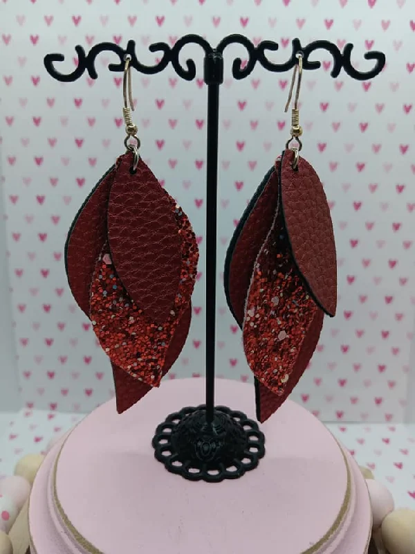 Red Glitter Triple Layered Leather Style Earrings