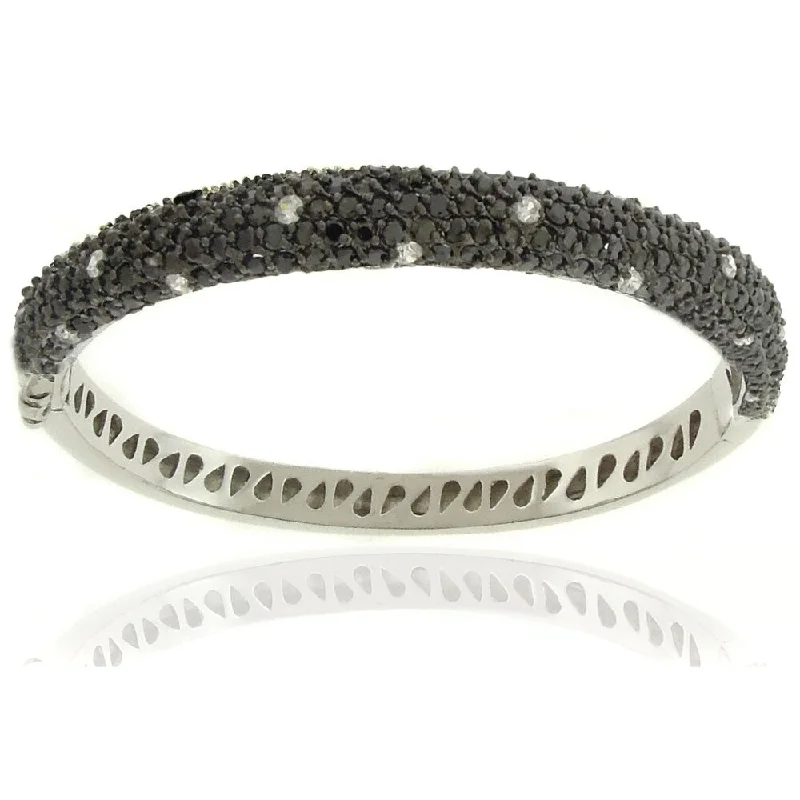 Dolce Giavonna Silverplated Cubic Zirconia Black and White Dotted Bangle