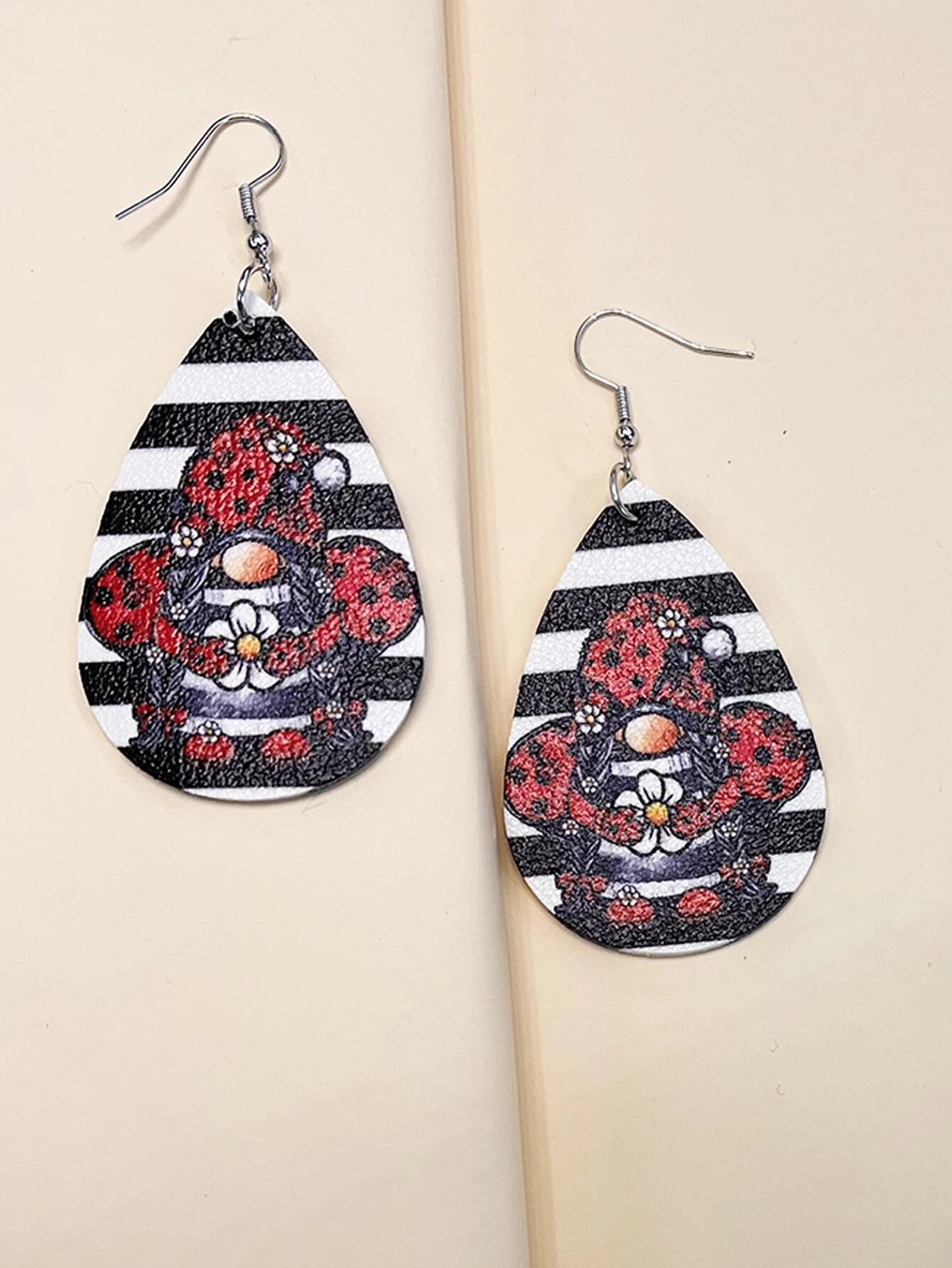 Black & White Striped Ladybug Gnome Leather Style Earrings