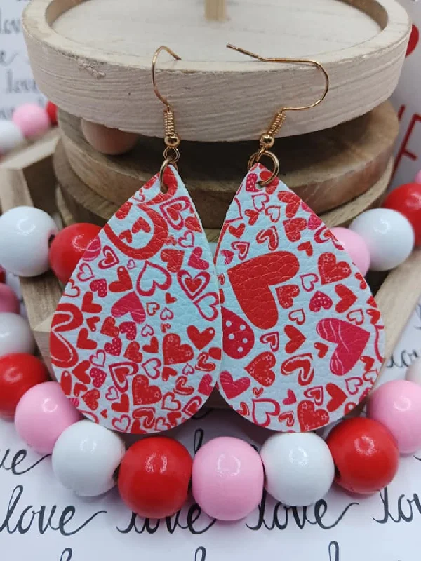 White & Red Heart Leather Style Earrings