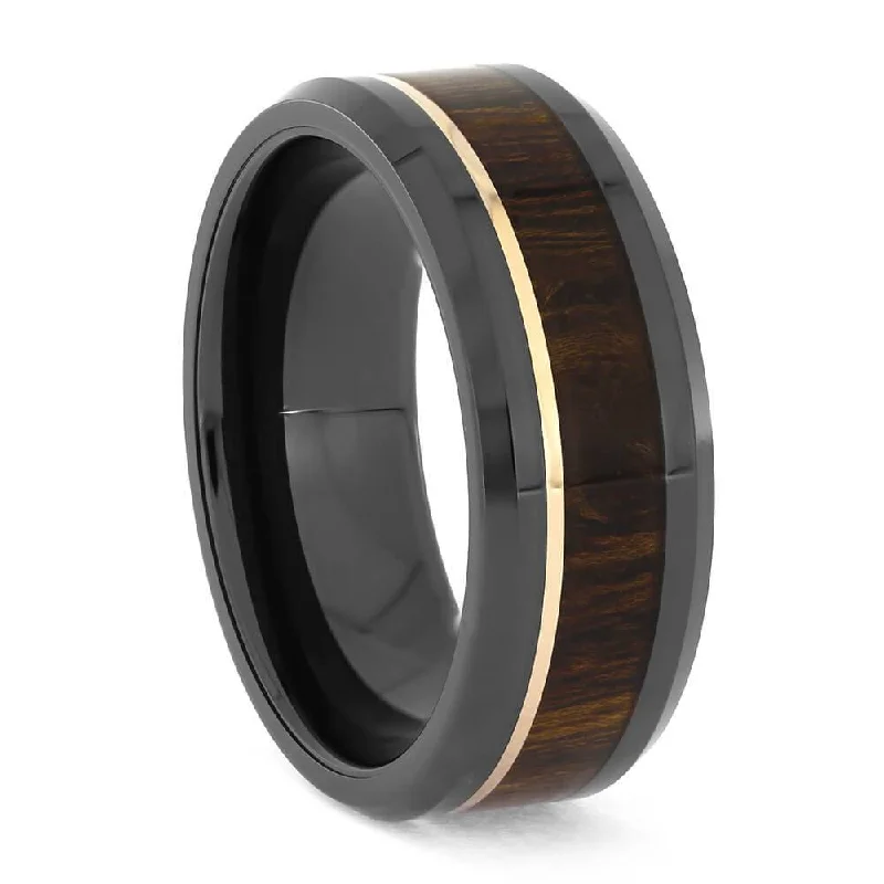 Wood and Black Ceramic Wedding Band with Rose Gold Pinstripe