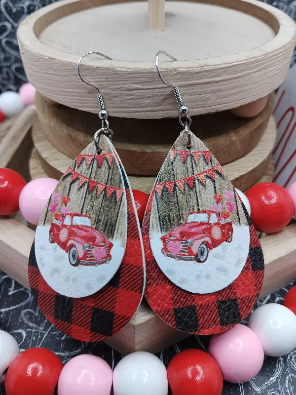 Red Plaid Red Truck Leather Style Earrings