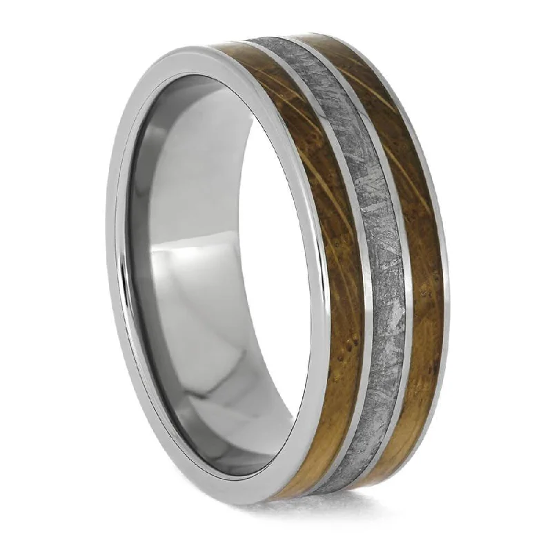 Meteorite and Whiskey Oak Wood Ring for Men