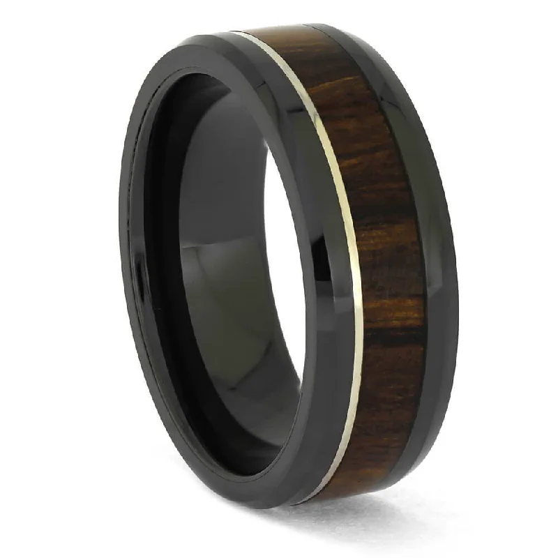 Wood Ring with Gold Accent Stripe and Black Ceramic Sleeve