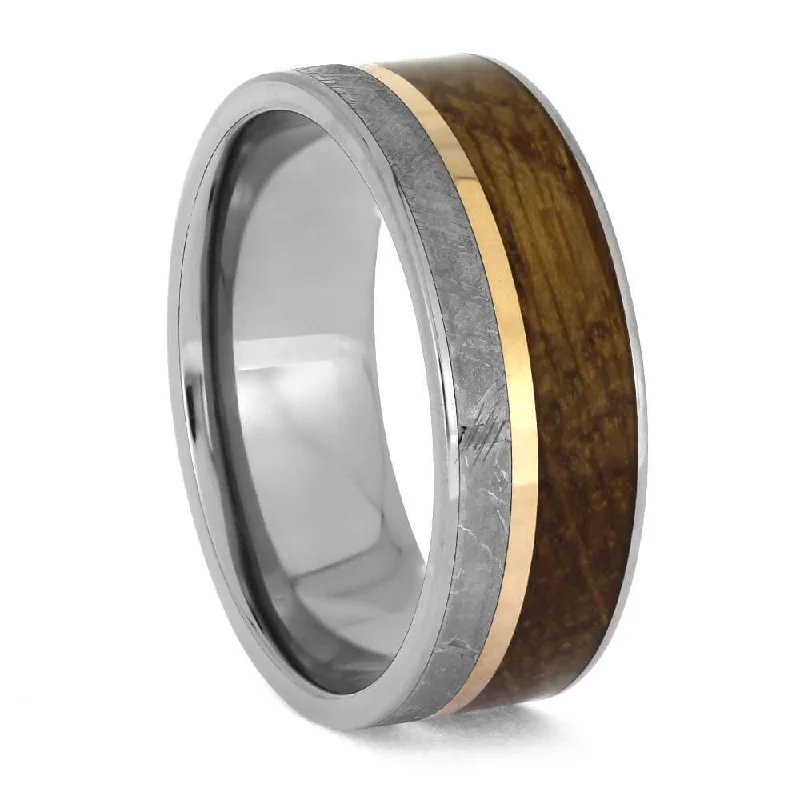 Titanium, Meteorite and Whiskey Barrel Oak Wood Ring with 14K Rose Pinstripe