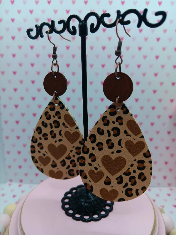 Leopard Heart Earrings w/ Wooden Detail