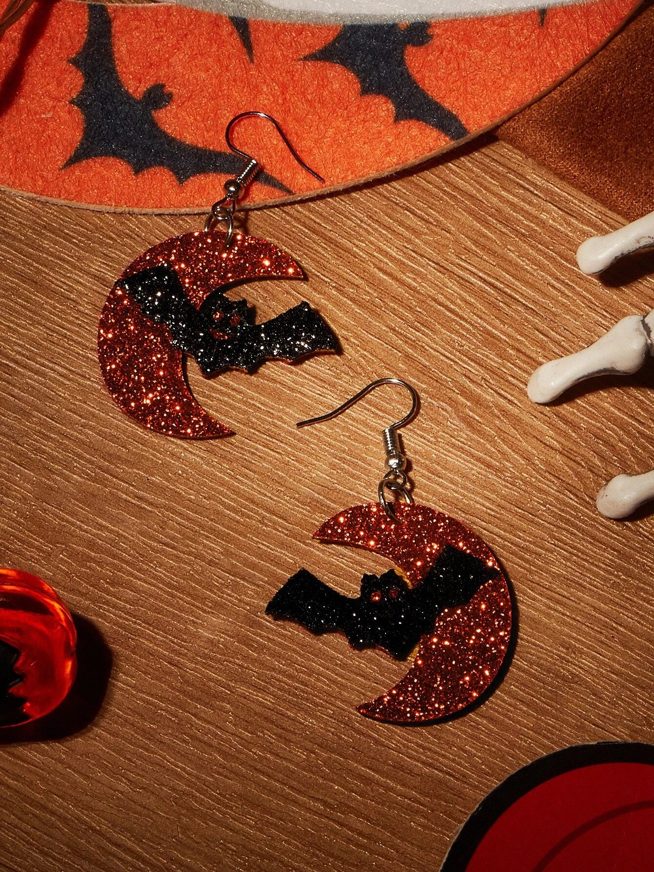 Red Glitter Moon w/ Black Glitter Bat Earrings