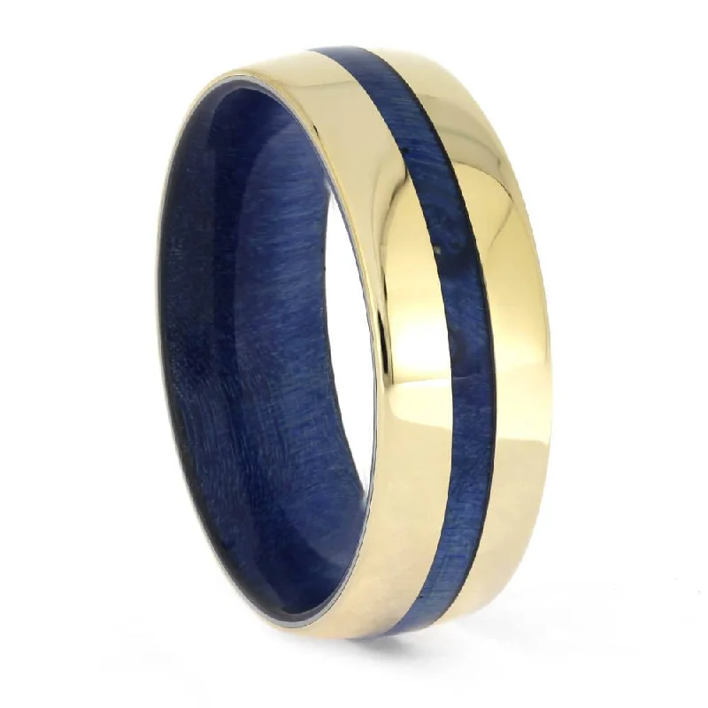 Yellow Gold Ring with Blue Box Burl Pinstripe and Sleeve