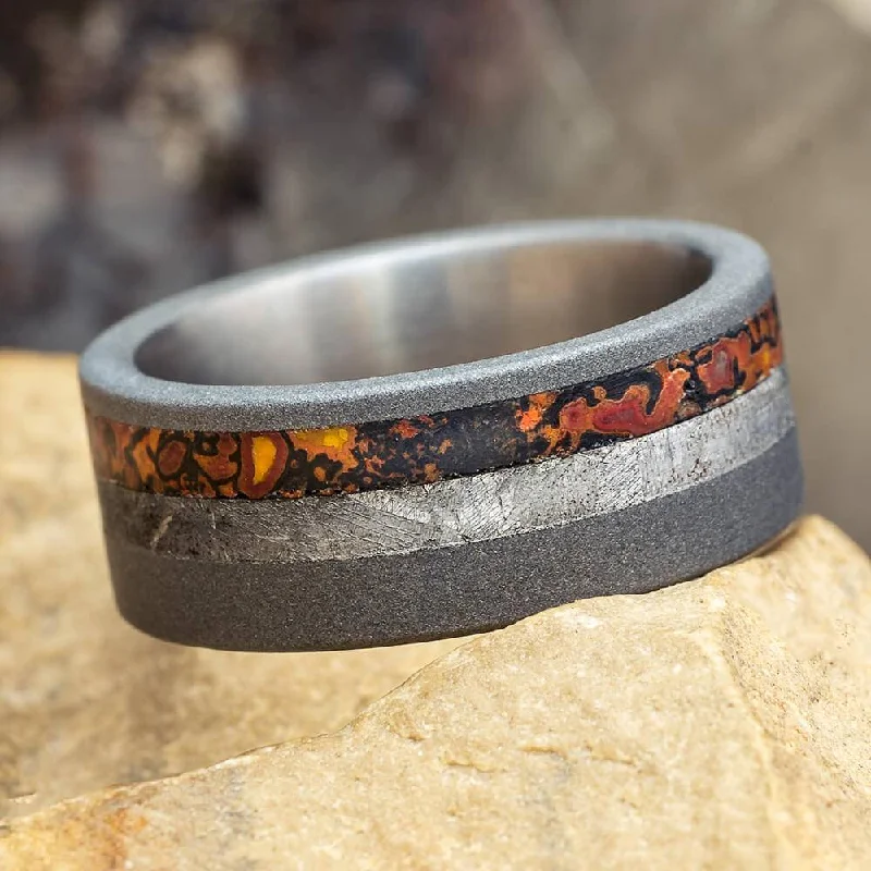 Meteorite & Dinosaur Bone Ring in Sandblasted Titanium