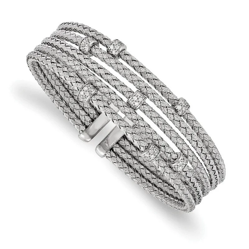 Curata 925 Sterling Silver Polished Rhodium Plated CZ Cubic Zirconia Simulated Diamond Woven Flexible Cuff Stackable Bangle