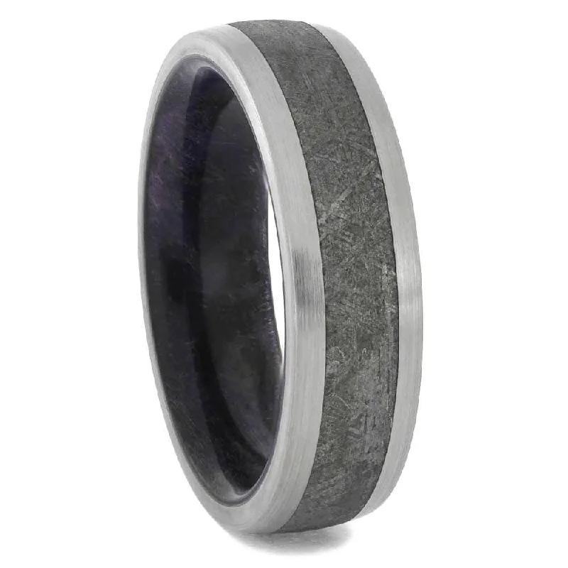 Authentic Meteorite Wedding Band with Purple Wood Sleeve