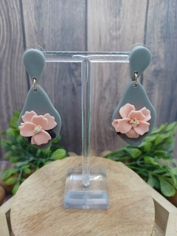 Blue Clay Style Earrings w/ Pink Flower