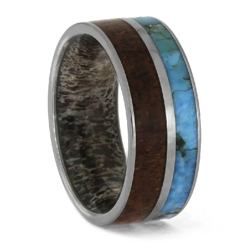 Turquoise and Wood Ring with Antler Sleeve