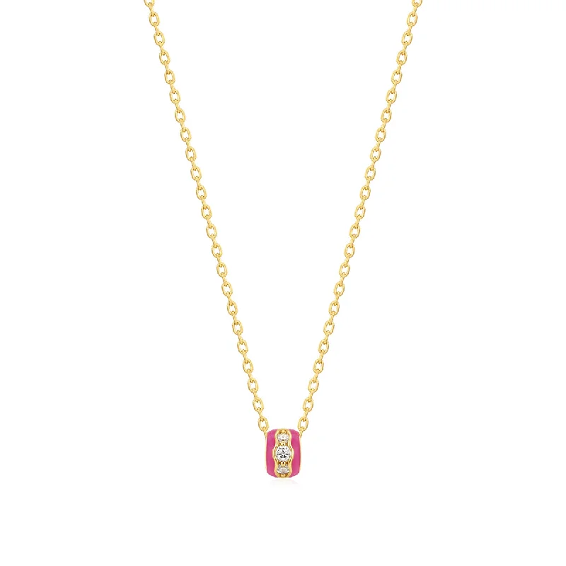 Gold Plated Pink Enamel & CZ Channel Rondelle Necklace