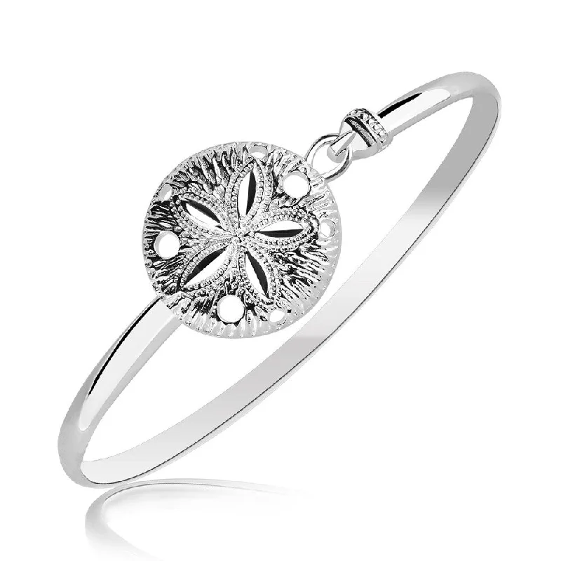 Sterling Silver Sand Dollar Motif Thin Bangle with Rhodium Plating