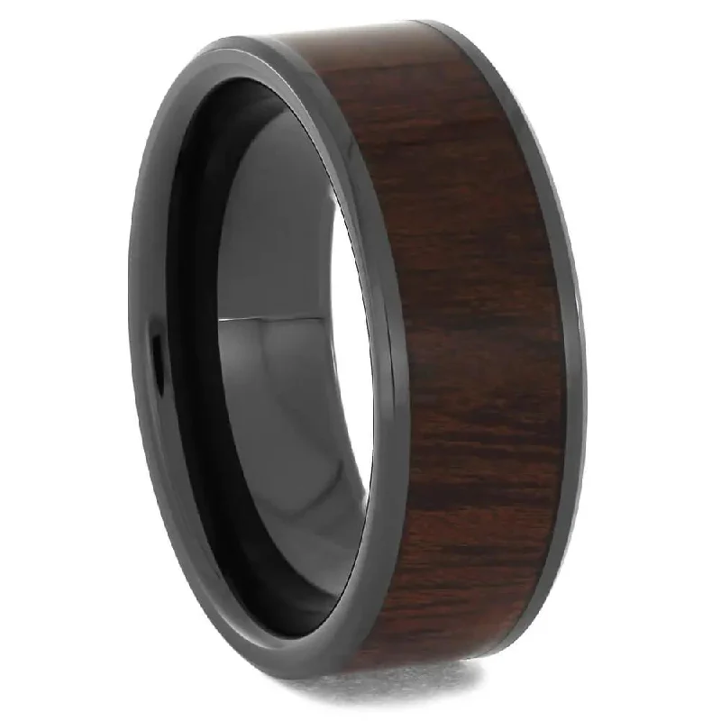 Beveled Black Ceramic Wedding Band Inlaid With Bloodwood